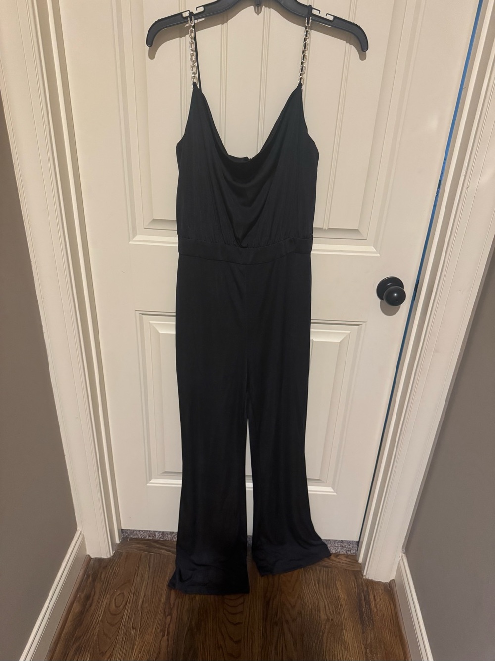 Black Pants Romper with Diamond and Gold shoulder Strap Jumpsuit